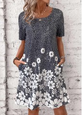 Black dresses,White dresses,Floral dresses,Plants dresses,Everyday dresses,Casual dresses,Pocket Floral Print Black Short Round Neck Dress