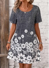 Black dresses,White dresses,Floral dresses,Plants dresses,Everyday dresses,Casual dresses,Pocket Floral Print Black Short Round Neck Dress