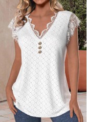 White tops,Plain Color tops,ROTITA Lace White V Neck Tank Top