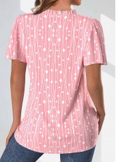 Pink tops,Geometric tops,Dot tops,Striped tops,ROTITA Frill Geometric Print Pink Split Neck Short Sleeve Blouse