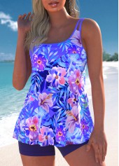 Purple swimwear,Floral swimwear,Plants swimwear,ROTITA Contrast Binding Purple Floral Print Tankini Set