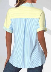 Rainbow Color tops,Light Blue tops,Striped tops,Geometric tops,ROTITA Patchwork Striped Rainbow Color Shirt Collar Short Sleeve Blouse