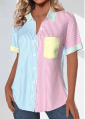 Rainbow Color tops,Light Blue tops,Striped tops,Geometric tops,ROTITA Patchwork Striped Rainbow Color Shirt Collar Short Sleeve Blouse