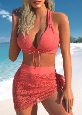 Coral swimwear,Plain Color swimwear,ROTITA Lace Jacquard Coral Tie Bikini Set