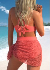 Coral swimwear,Plain Color swimwear,ROTITA Lace Jacquard Coral Tie Bikini Set