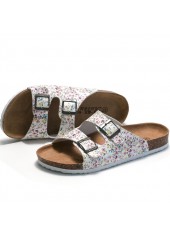 Floral Print White Falt Open Toe Sliders