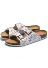 White shoes,Floral shoes,Plants shoes,Floral Print White Falt Open Toe Sliders