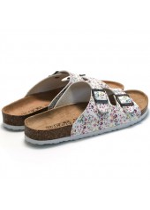 White shoes,Floral shoes,Plants shoes,Floral Print White Falt Open Toe Sliders