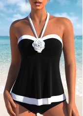 Tie Bandeau Patchwork Black Tankini Set