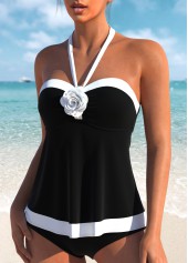 Black swimwear,Contrast Color swimwear,ROTITA Tie Bandeau Patchwork Black Tankini Top