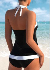 Black swimwear,Contrast Color swimwear,ROTITA Tie Bandeau Patchwork Black Tankini Top