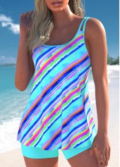 Cyan swimwear,Rainbow Color swimwear,Striped swimwear,Geometric swimwear,ROTITA Lightweight Cyan Multi Stripe Print Tankini Set