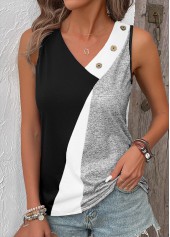 Black tops,Light Grey Marl tops,Geometric tops,ROTITA Button Geometric Print Black V Neck Sleeveless Tank Top