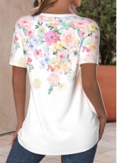 White tops,Floral tops,Plants tops,ROTITA Criss Cross Floral Print White V Neck T Shirt
