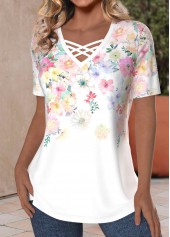 White tops,Floral tops,Plants tops,ROTITA Criss Cross Floral Print White V Neck T Shirt
