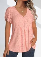 Dusty Pink tops,Plain Color tops,ROTITA Lace Dusty Pink V Neck Short Sleeve Blouse