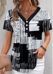 Black tops,Bleaching White tops,Graphic tops,Button Graffiti Print Black V Neck Short Sleeve Blouse