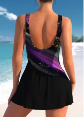 Black swimwear,Purple swimwear,Striped swimwear,Geometric swimwear,ROTITA Surplice Black Striped One Piece Swimdress