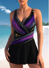 Black swimwear,Purple swimwear,Striped swimwear,Geometric swimwear,ROTITA Surplice Black Striped One Piece Swimdress