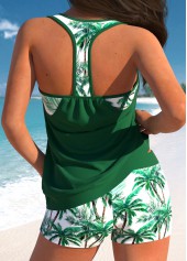 Green swimwear,White swimwear,Plants swimwear,ROTITA Fake 2in1 Green Tropical Plants Print Tankini Set