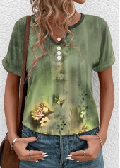 Sage Green tops,Floral tops,Plants tops,Button Floral Print Sage Green Split Neck T Shirt