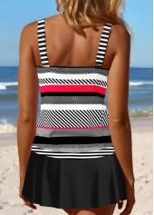 Black swimwear,Striped swimwear,Geometric swimwear,ROTITA Split V Neck Black Striped Tankini Set