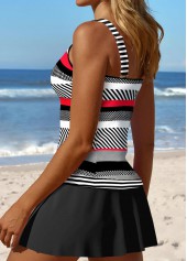 Black swimwear,Striped swimwear,Geometric swimwear,ROTITA Split V Neck Black Striped Tankini Set