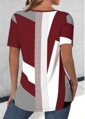 Deep Red tops,White tops,Geometric tops,Striped tops,Plaid tops,ROTITA Button Geometric Print Deep Red Round Neck T Shirt