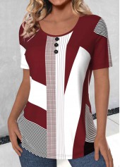Deep Red tops,White tops,Geometric tops,Striped tops,Plaid tops,ROTITA Button Geometric Print Deep Red Round Neck T Shirt