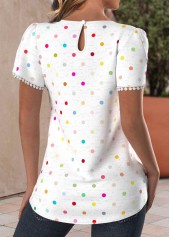 White tops,Dot tops,ROTITA Tuck Stitch Polka Dot White Round Neck T Shirt