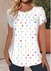 Rotita Tuck Stitch Polka Dot weißes T-Shirt mit Rundhalsausschnitt
