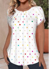 White tops,Dot tops,ROTITA Tuck Stitch Polka Dot White Round Neck T Shirt