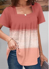 Dusty Pink tops,Light Pink tops,Contrast Color tops,ROTITA Ruched Dusty Pink Square Neck Short Sleeve T Shirt