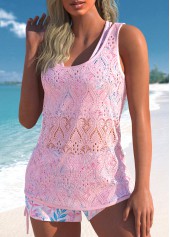 Light Pink swimwear,Floral swimwear,Plants swimwear,ROTITA Three-piece Light Pink Floral Print Tankini Set