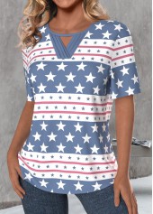 Dusty Blue tops,White tops,Galaxy tops,Striped tops,Geometric tops,ROTITA Cut Out Star Print Dusty Blue T Shirt