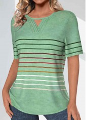 Light Green tops,Striped tops,Geometric tops,ROTITA Tuck Stitch Striped Light Green Round Neck T Shirt
