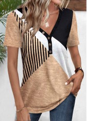 Light Camel tops,Geometric tops,Striped tops,ROTITA Patchwork Geometric Print Light Camel V Neck T Shirt