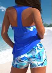 Royal Blue swimwear,Striped swimwear,Geometric swimwear,ROTITA Fake 2in1 Royal Blue Wave Pattern Print Tankini Set