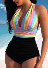 Rainbow Color swimwear,Striped swimwear,Geometric swimwear,ROTITA Tie Rainbow Color One Piece Swimwear