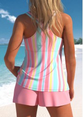 Pink swimwear,Rainbow Color swimwear,Striped swimwear,Geometric swimwear,ROTITA Lace Up Pink Multi Stripe Print Tankini Set