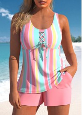 ROTITA Lace Up Pink Multi Stripe Print Tankini Set