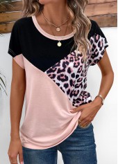 ROTITA Patchwork Leopard Light Pink Round Neck T Shirt