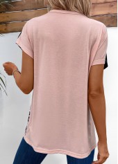Light Pink tops,Black tops,Leopard tops,ROTITA Patchwork Leopard Light Pink Round Neck T Shirt