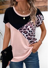 Light Pink tops,Black tops,Leopard tops,ROTITA Patchwork Leopard Light Pink Round Neck T Shirt