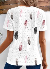 White tops,Tribal tops,Breathable Feathers Print White V Neck Short Sleeve Blouse