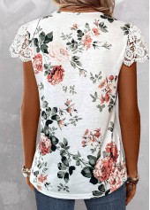 White tops,Floral tops,Plants tops,ROTITA Lace Floral Print White V Neck T Shirt