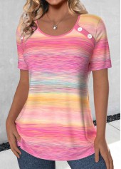 Pink tops,Rainbow Color tops,Ombre tops,ROTITA Button Ombre Pink Round Neck Short Sleeve T Shirt