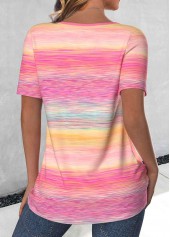 Pink tops,Rainbow Color tops,Ombre tops,ROTITA Button Ombre Pink Round Neck Short Sleeve T Shirt