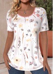 ROTITA Button Floral Print White Round Neck T Shirt
