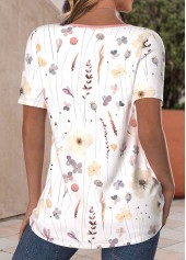 White tops,Floral tops,Plants tops,ROTITA Button Floral Print White Round Neck T Shirt
